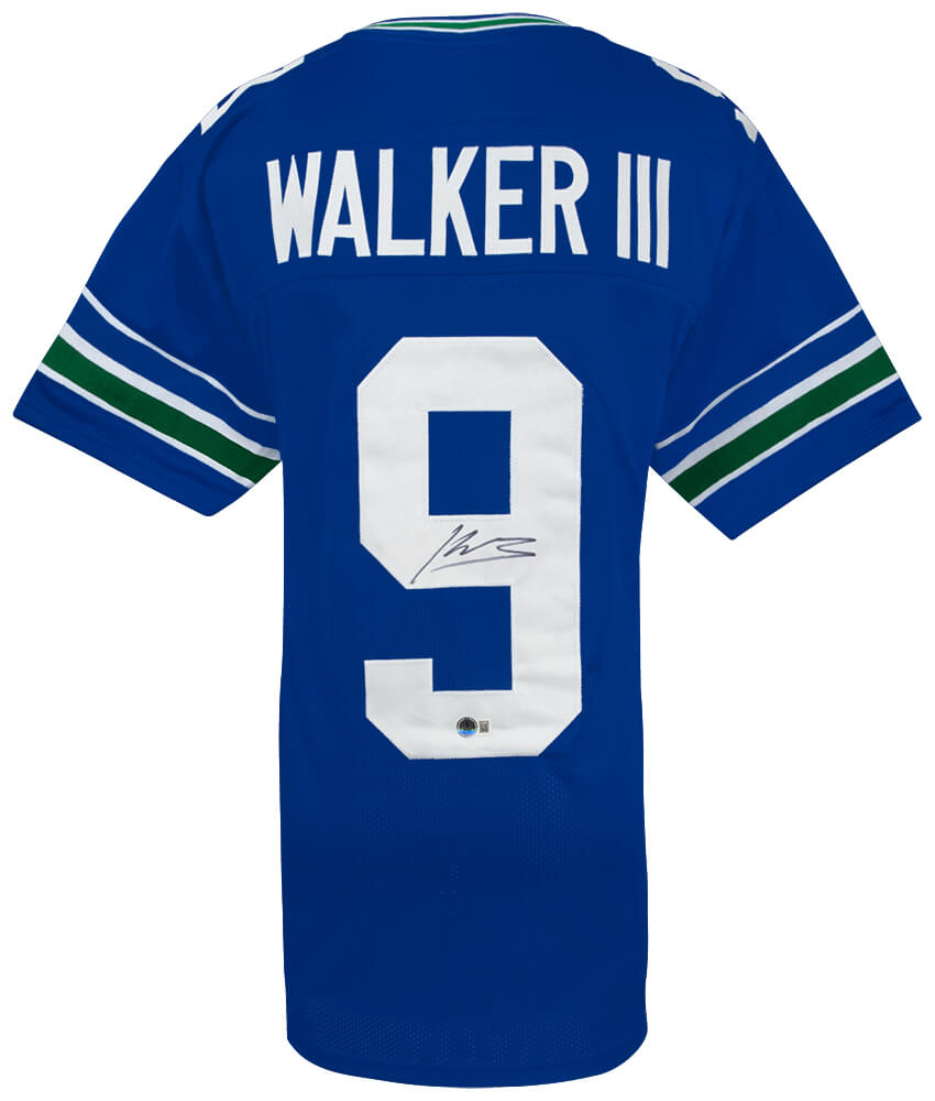 Kenneth Walker III Signed Blue Throwback Custom Football Jersey - (Beckett)