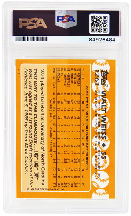Walt Weiss Signed Oakland A's 1988 Topps Traded Rookie Baseball Card #126T w/88 AL ROY - (PSA Encapsulated)
