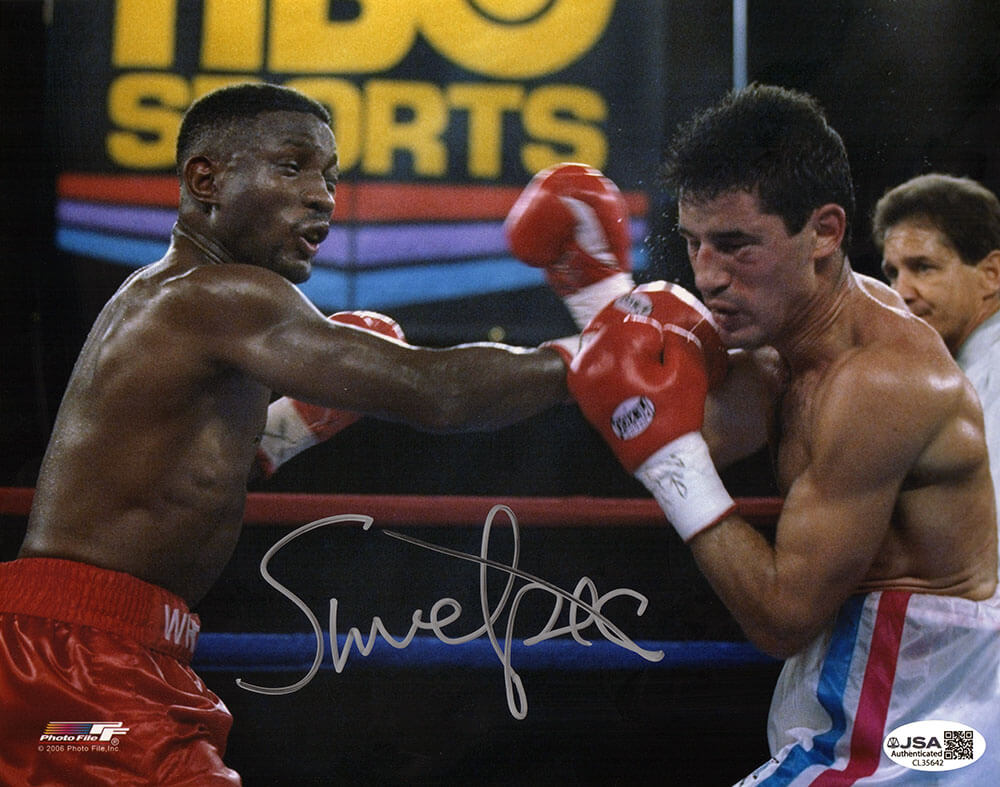 Pernell 'Sweet Pea' Whitaker Signed Boxing Red Trunks Punching Action 8x10 Photo - (JSA)