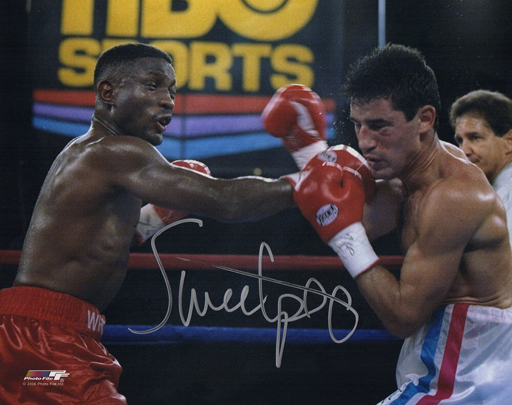 Pernell 'Sweet Pea' Whitaker Signed Boxing Red Trunks Punching Action 8x10 Photo
