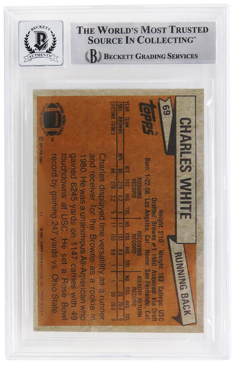 Charles White Signed Cleveland Browns 1981 Topps Football Rookie Card #69 - (Beckett - Auto Grade 10)