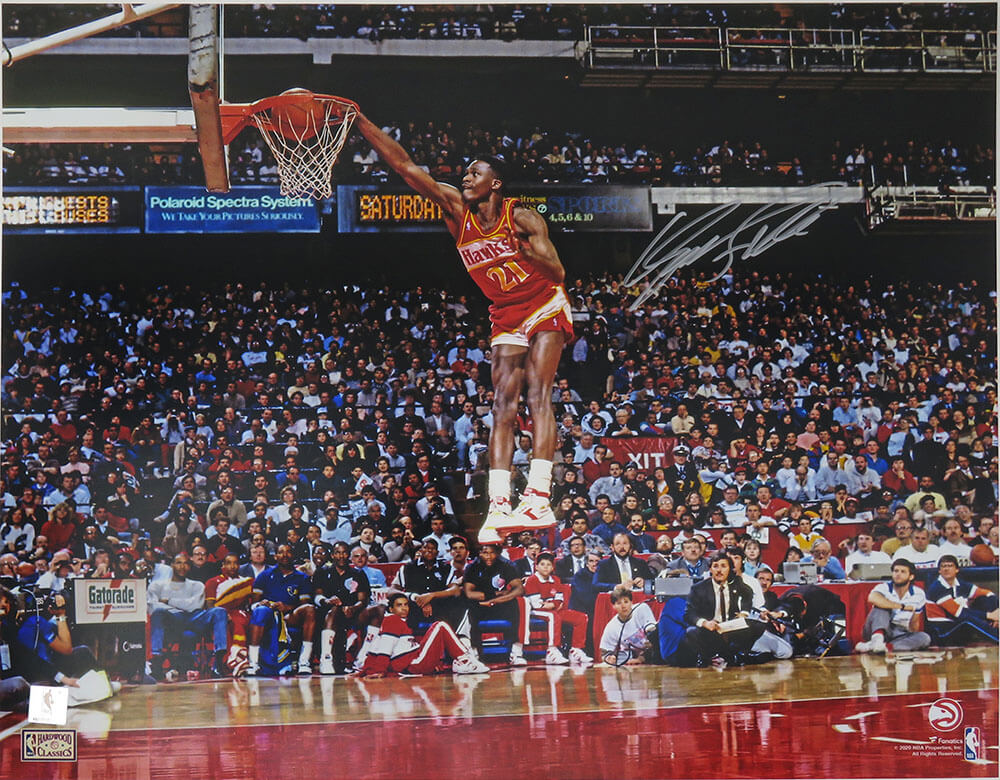 Dominique Wilkins Signed Atlanta Hawks One Hand Slam Dunk Action 16x20 Photo