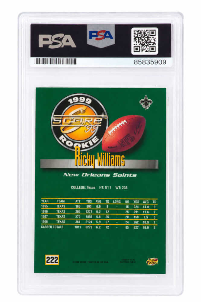 Ricky Williams Signe New Orleans Saints 1999 Score Football Rookie Card #222 - (PSA Encapsulated)