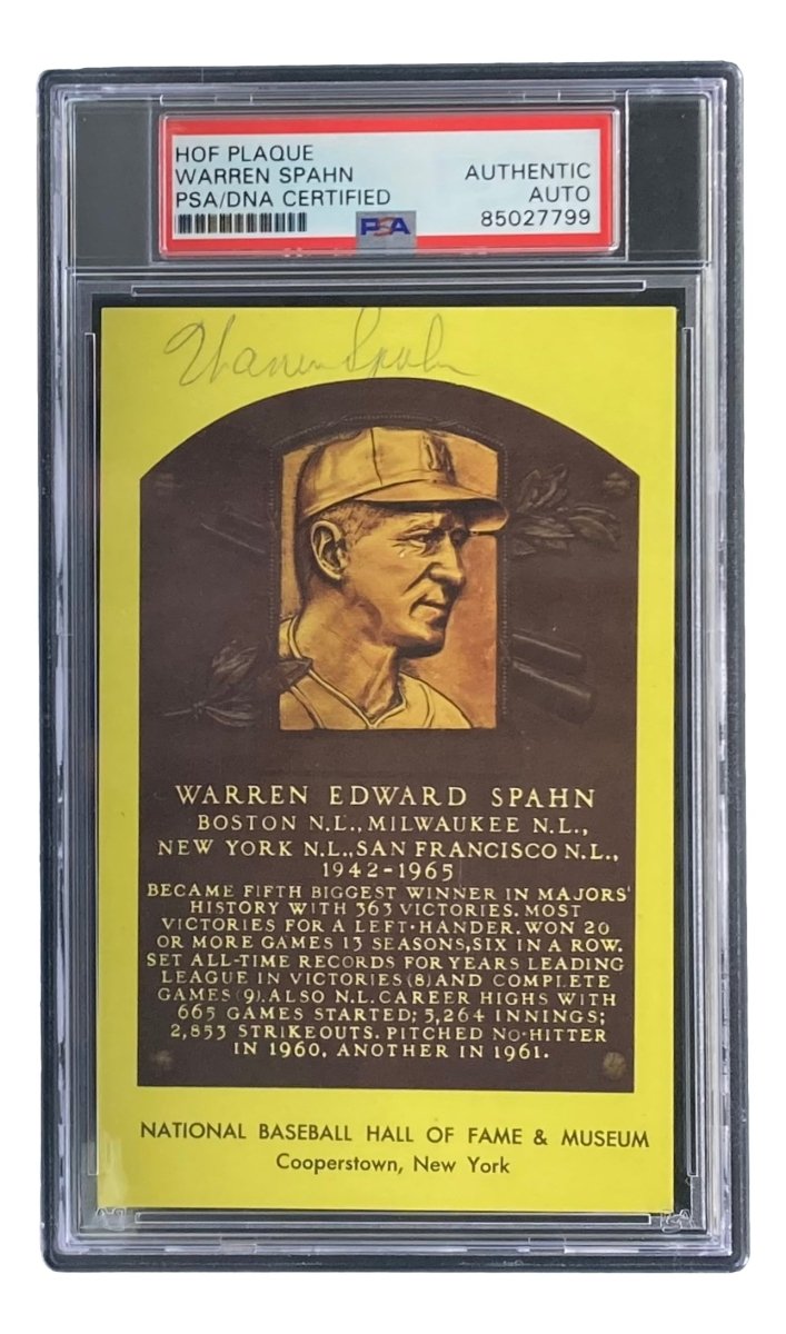 Warren Spahn Signed 4x6 Milwaukee Braves Hall Of Fame Plaque Card PSA/DNA 85027799 - Sports Integrity