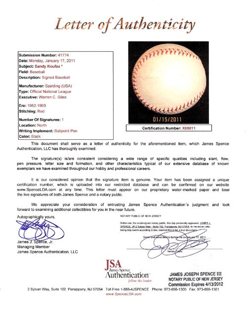 Sandy Koufax Autographed Official NL Giles Baseball Los Angeles Dodgers Vintage Signature JSA #X08811