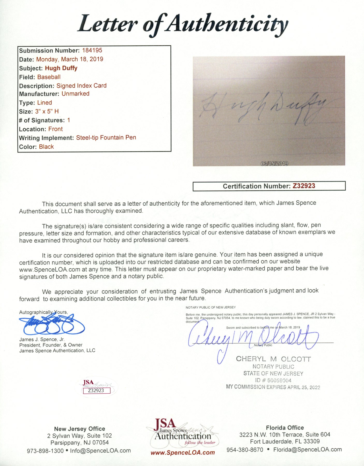 Hugh Duffy Autographed 3x5 Index Card Boston Red Sox JSA #Z32923