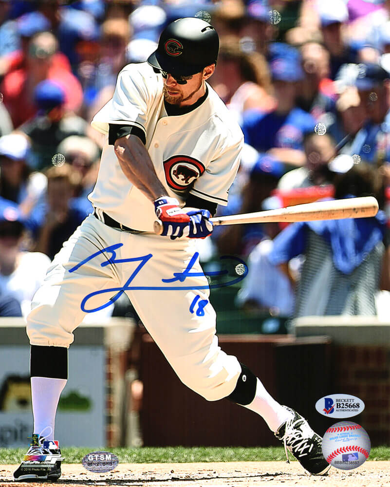 Ben Zobrist Signed Chicago Cubs Throwback Jersey Swinging Action 8x10 Photo