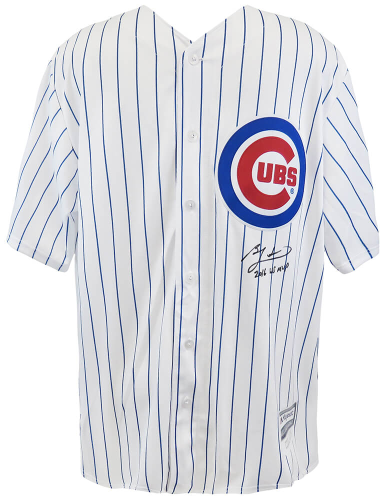 Ben Zobrist Signed Chicago Cubs White Pinstripe Majestic Replica Baseball Jersey w/2016 WS MVP