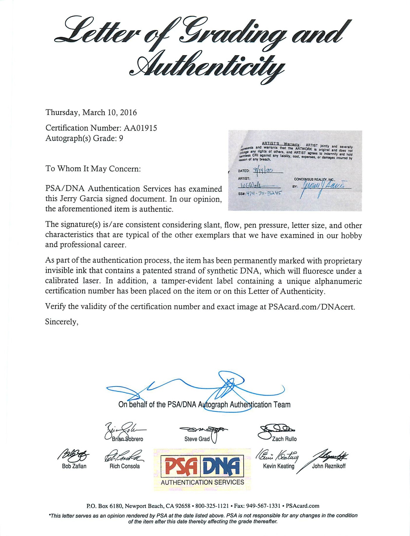 Jerry Garcia Signed 3 Page Grateful Dead Merchandising Agreement PSA #AA01915