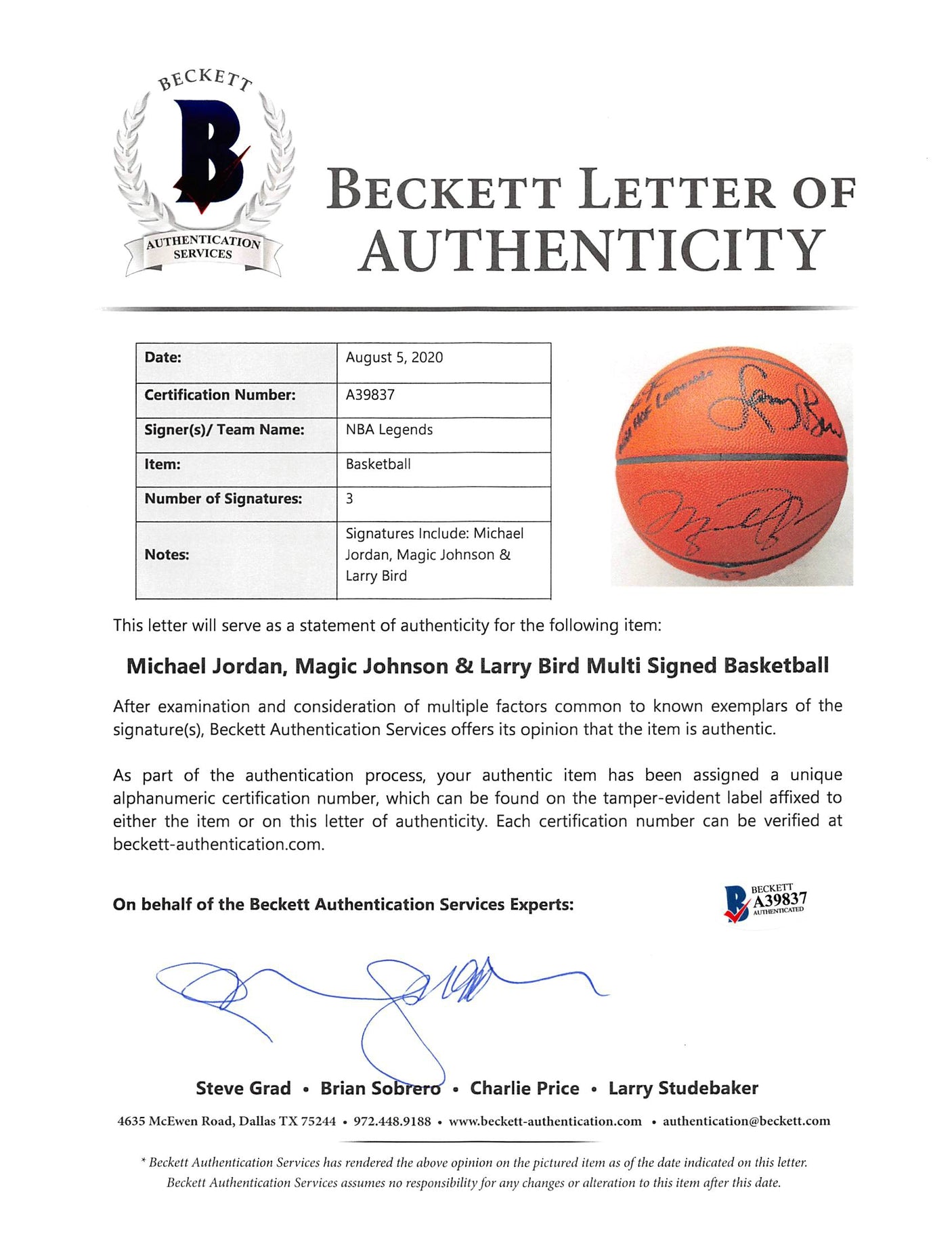 NBA HOF Legends (3) Jordan, Bird & Johnson Signed NBA Basketball BAS #A39837