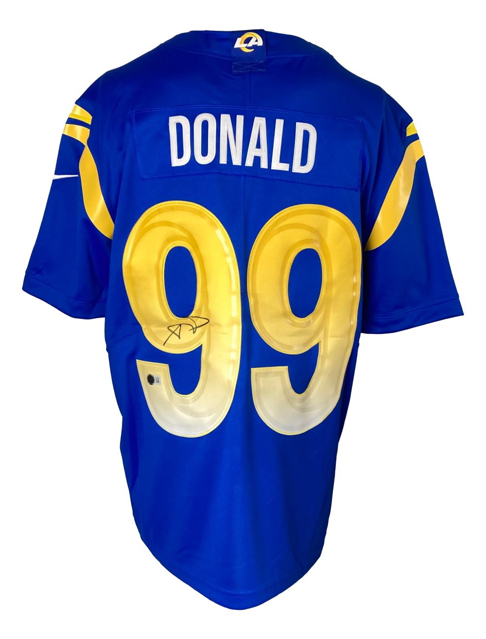 The Sports Integrity Aaron Donald Signed Los Angeles Rams Blue Nike Limited Jersey features yellow and white accents, DONALD and 99 on the back, and an autograph on the number 99.