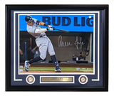 The Aaron Judge Signed Framed 16x20 New York Yankees Home Run 62 Photo by Sports Integrity features Judge swinging a bat, two medallions, and a nameplate reading AARON JUDGE, with a Bud Light sign visible in the background.
