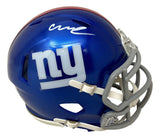 The Sports Integrity Abdul Carter Signed New York Giants Mini Speed Helmet features a blue shell, white facemask, "ny" logo on the side, and Abdul Carter's signature on top.