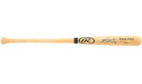 A Ronald Acuna Jr autographed tan Rawlings Adirondack bat, featuring blue ink on the barrel, offered by Sports Integrity.