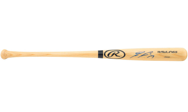 A Ronald Acuna Jr autographed tan Rawlings Adirondack bat, featuring blue ink on the barrel, offered by Sports Integrity.