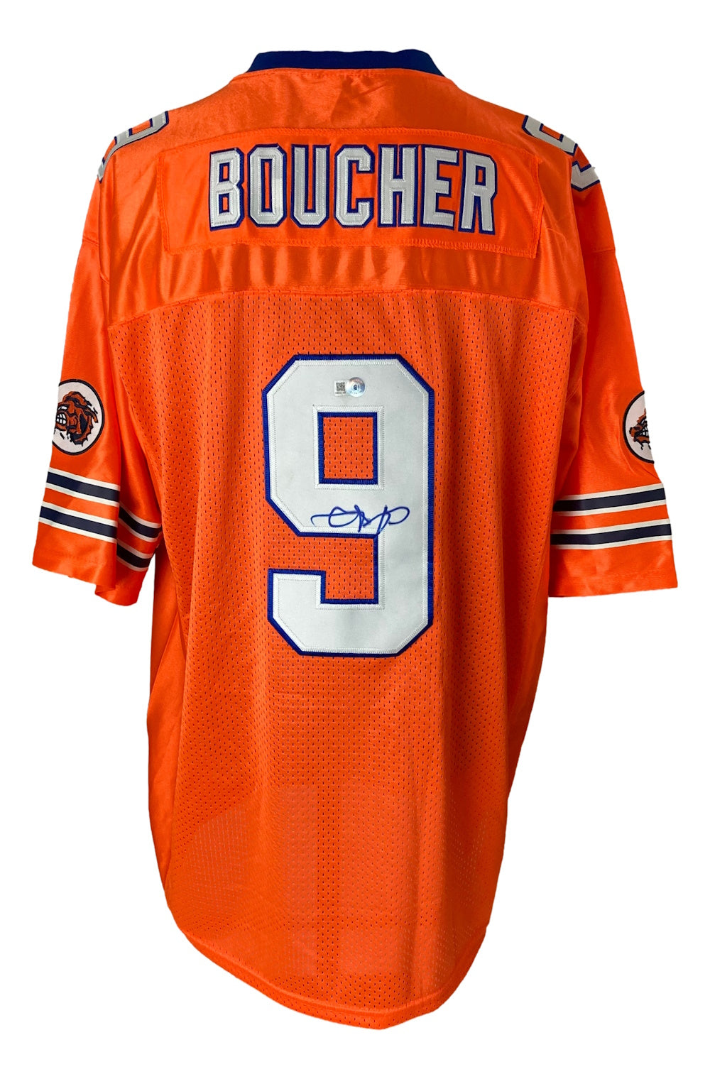 The Sports Integrity Adam Sandler Signed The Waterboy Bobby Boucher Jersey (BAS BF15068) features an orange design with blue/white trim, #9 signed in blue ink, "BOUCHER" on the back, and a waterboy logo on the sleeves.