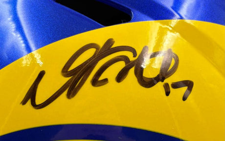 Close-up of a Davante Adams signed Los Angeles Rams full size replica Speed helmet by Sports Integrity, featuring a bold autograph across the yellow section; includes BAS authentication and display case.