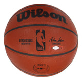 The Sports Integrity Adrian Dantley Jazz Signed Wilson Authentic NBA Basketball features black text, logos including the official NBA logo, and a Hall of Fame 08 inscription on an orange textured surface with Schwartz Holo.