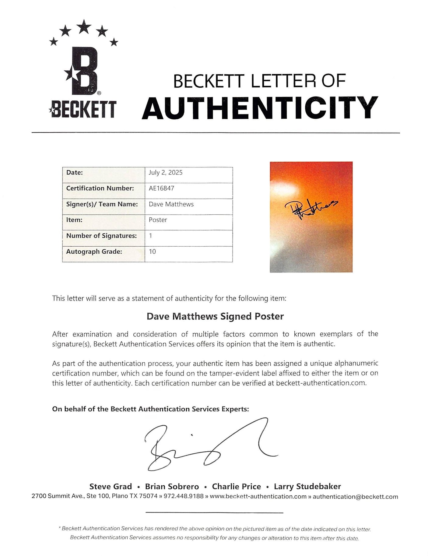 Dave Matthews Authentic Signed 24x36 Poster Auto Grade Gem Mint 10! BAS #AE16847