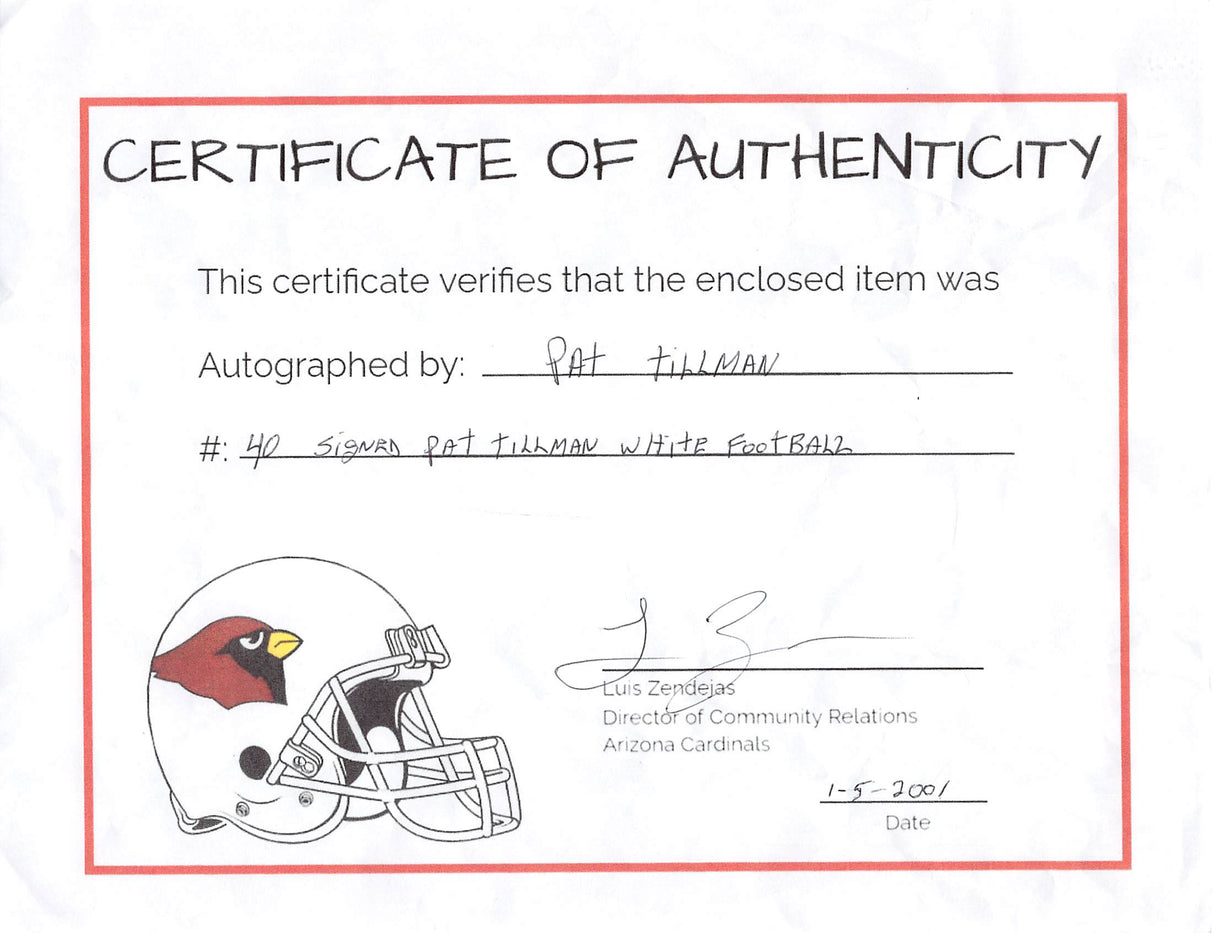 Cardinals Pat Tillman Authentic Signed Wilson White Panel Logo Football BAS LOA