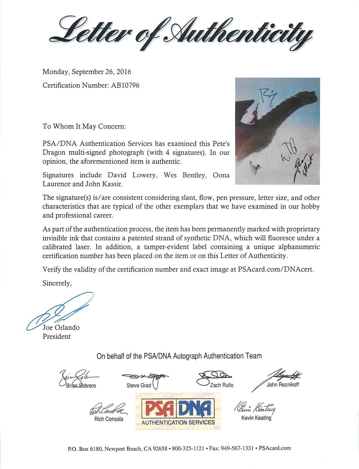 Pete's Dragon (Wes Bentley, David Lowery, +2) Signed 11X14 Photo PSA/DNA AB10796