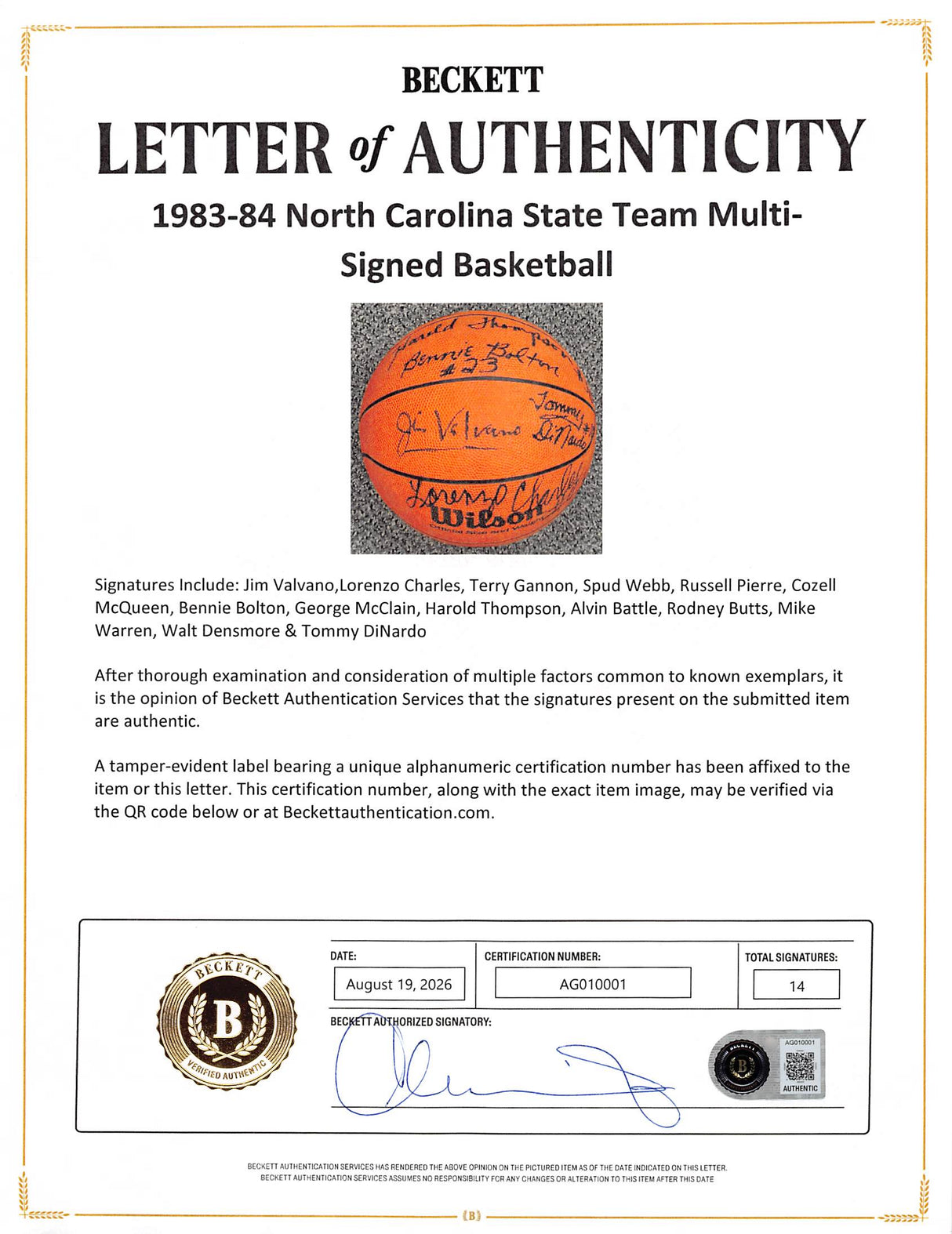 1983 NCSU (14) Valvano, Charles, Webb +11 Signed Wilson Basketball BAS #AG010001