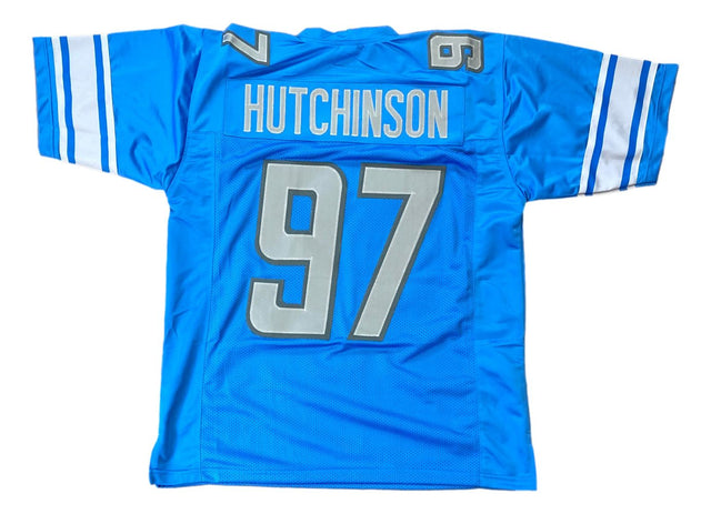 The Sports Integrity Aidan Hutchinson Detroit Blue Football Jersey features white and grey details, with HUTCHINSON and the number 97 on the back.