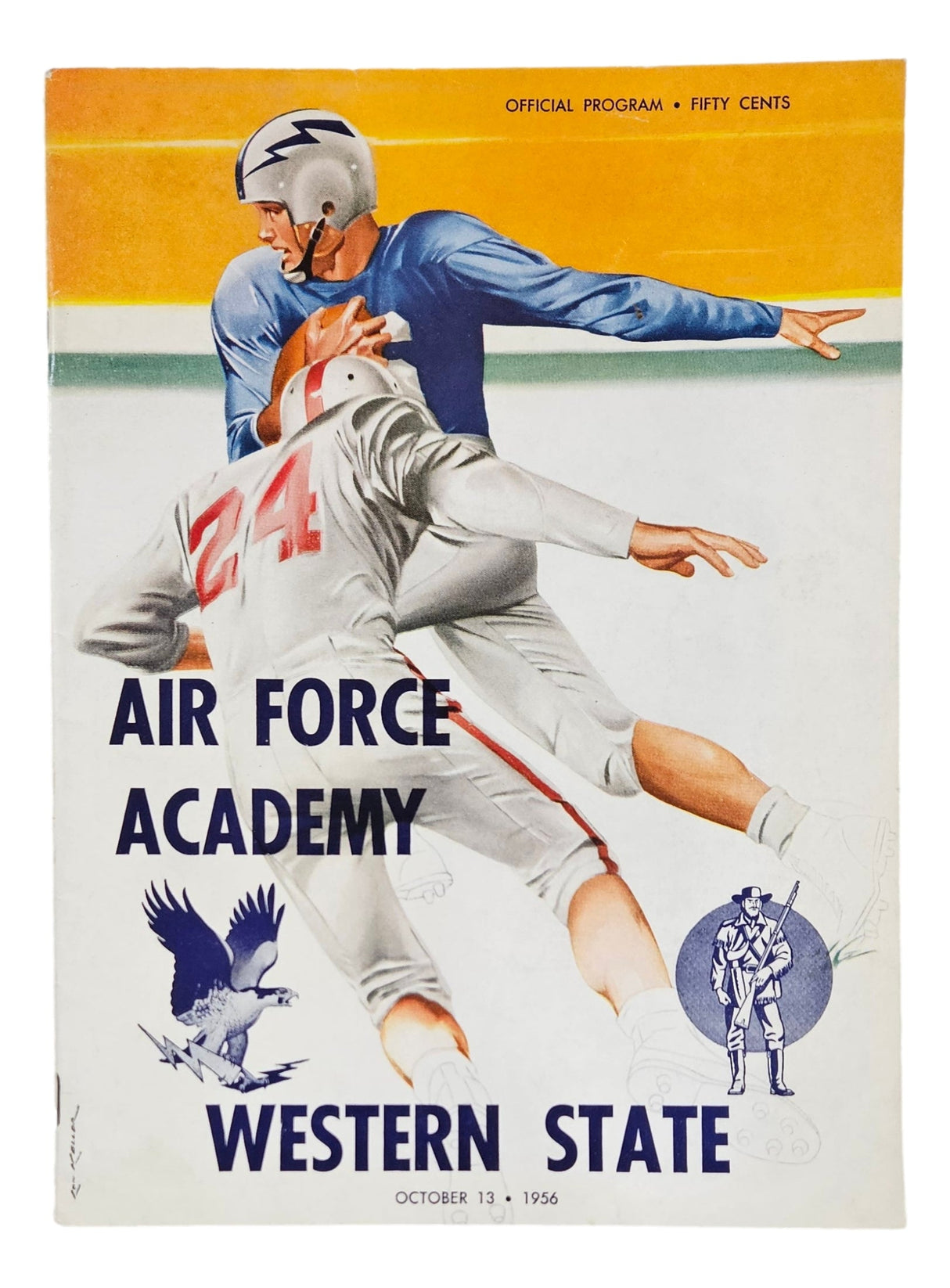 The Sports Integrity Air Force vs Western State October 13, 1956 Official Game Program features a vintage cover with two players—one in blue, one in white and red—plus an eagle and football player illustration.