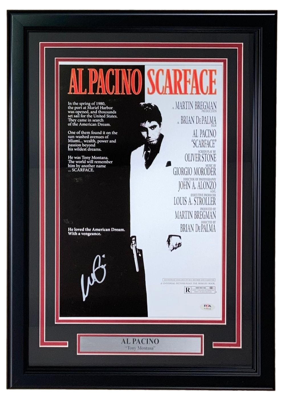 The Sports Integrity Al Pacino Signed Framed 11x17 Scarface Photo features Al Pacino as Tony Montana in black and white, with red and white text, signature, PSA/DNA authentication, and nameplate.