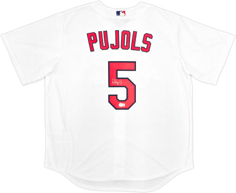 The Sports Integrity Albert Pujols Signed St. Louis Cardinals White Nike Replica Jersey features red PUJOLS and number 5 on the back, plus an MLB logo at the collar.