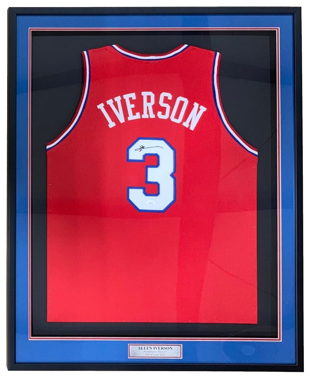 The Sports Integrity Allen Iverson Philadelphia Signed Framed Red Basketball Jersey (JSA ITP) features blue and white trim, "IVERSON" and number 3, includes an autograph, and a plaque reading ALLEN IVERSON.