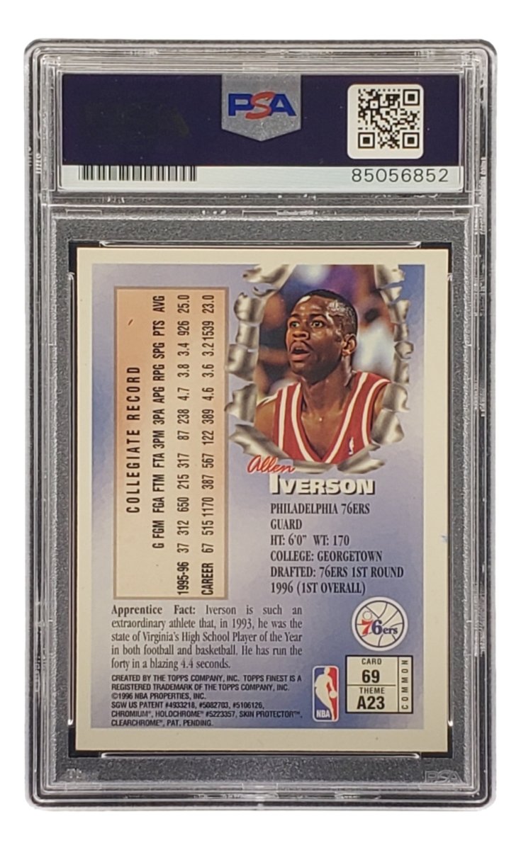 Allen Iverson Signed 1996 Topps Finest #69 76ers Rookie Card PSA/DNA - Sports Integrity
