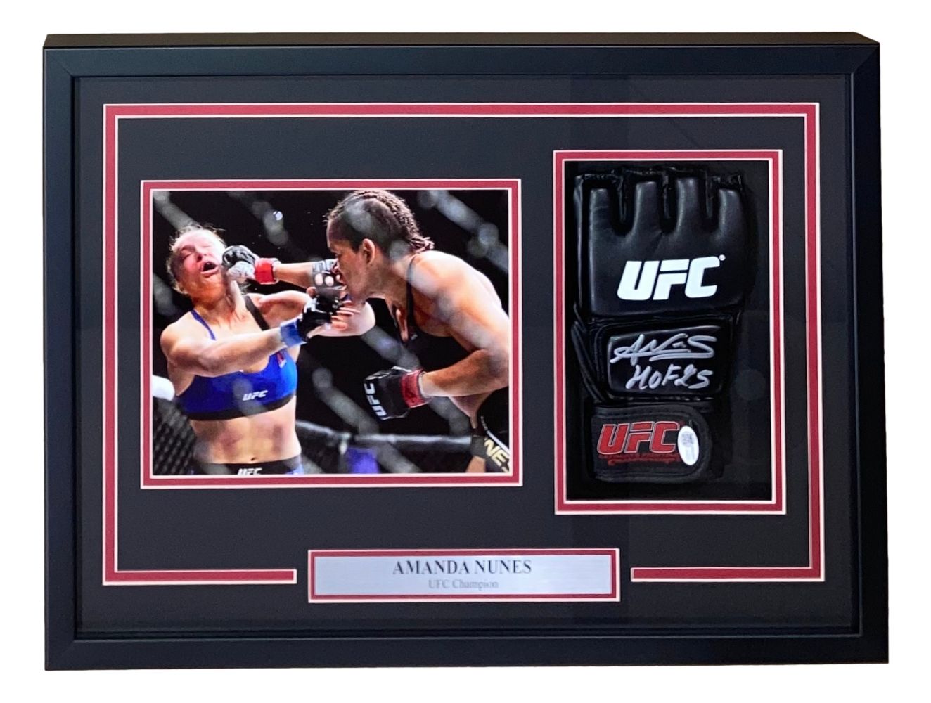 Amanda Nunes Signed MMA Glove HOF 25 w/ 8x10 Rousey Photo In Shadowbox JSA QR
