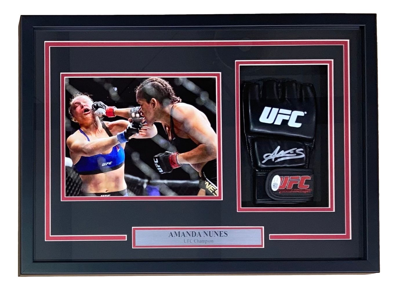 Amanda Nunes Signed MMA Fight Glove w/ 8x10 Rousey Photo In Shadowbox JSA QR