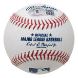 A Sports Integrity Andre Dawson Chicago Cubs Signed Official MLB Baseball (HOF 2010, BAS) features red stitching, authentication stickers, a QR code, and the commissioner’s signature on its white surface.