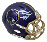 A Sports Integrity Anquan Boldin signed Baltimore Ravens Rave Mini Speed Helmet, featuring the team logo and a white autograph above it.