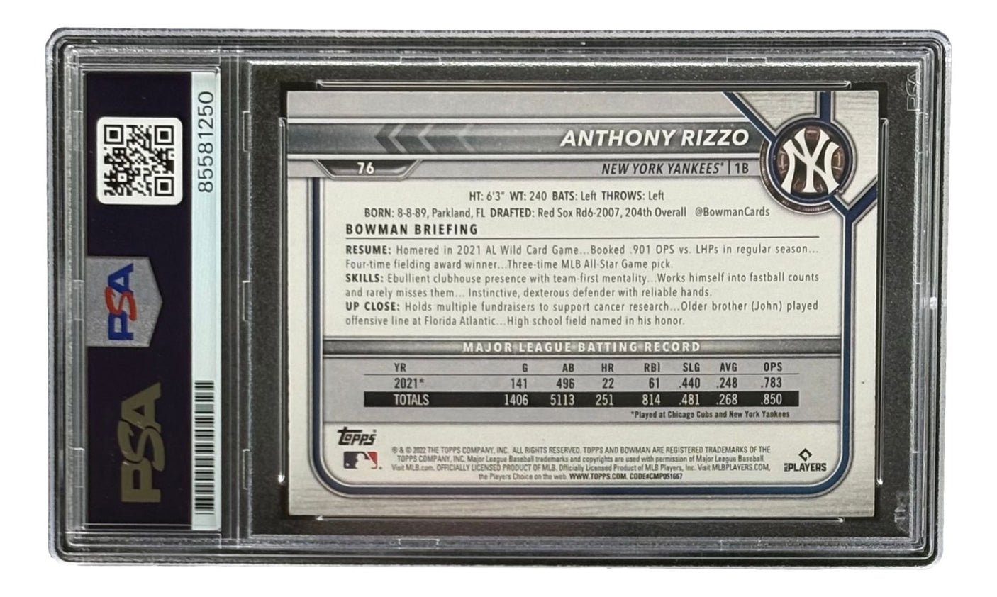 Anthony Rizzo Signed 2022 Topps #76 New York Yankees Card PSA