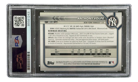 The Anthony Volpe Signed 2022 Bowman #BD-68 New York Yankees Rookie Card by Sports Integrity comes PSA authenticated, encased in plastic with back stats, a profile, and summary.