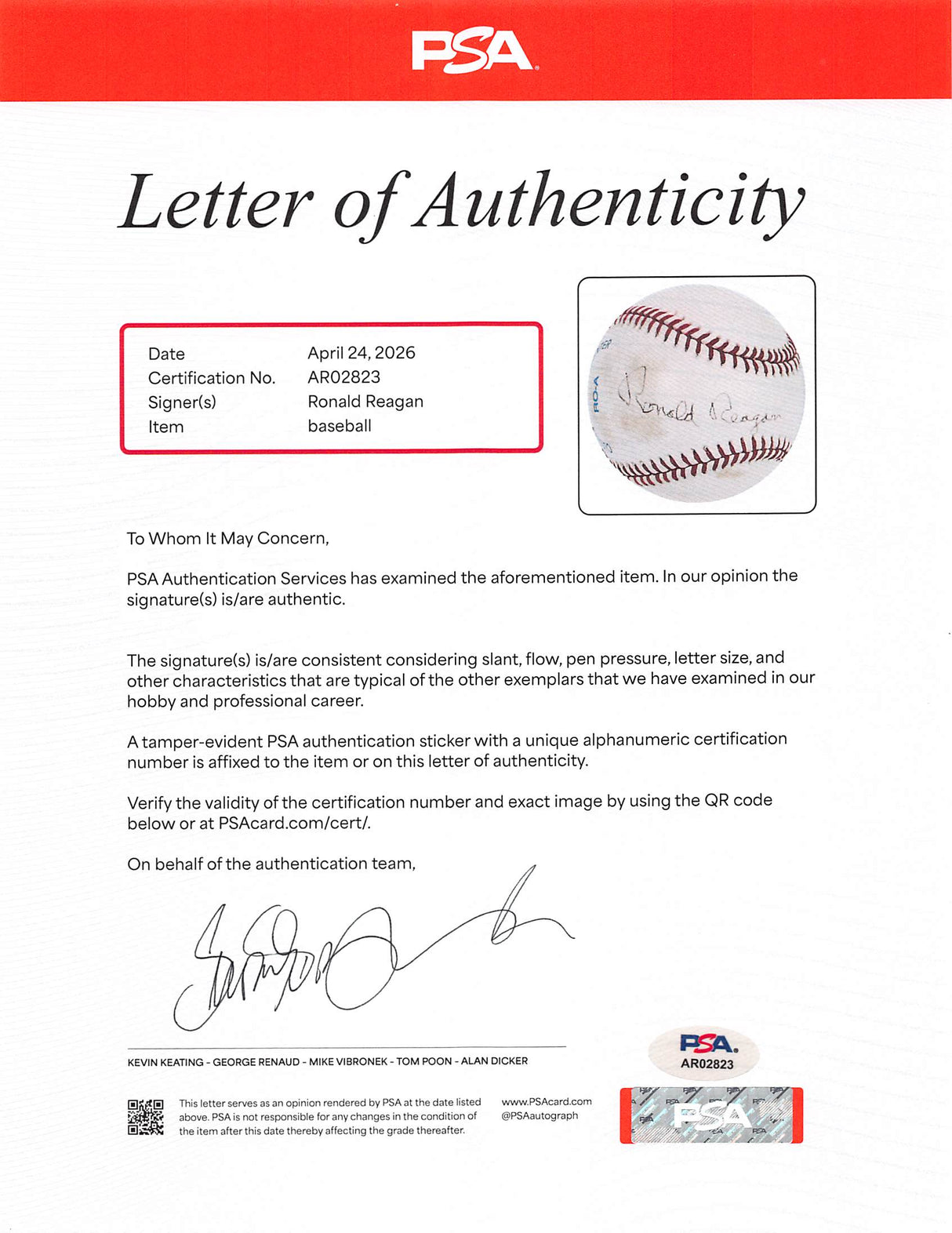 Ronald Reagan Authentic Signed Bobby Brown OAL Baseball PSA/DNA #AR02823