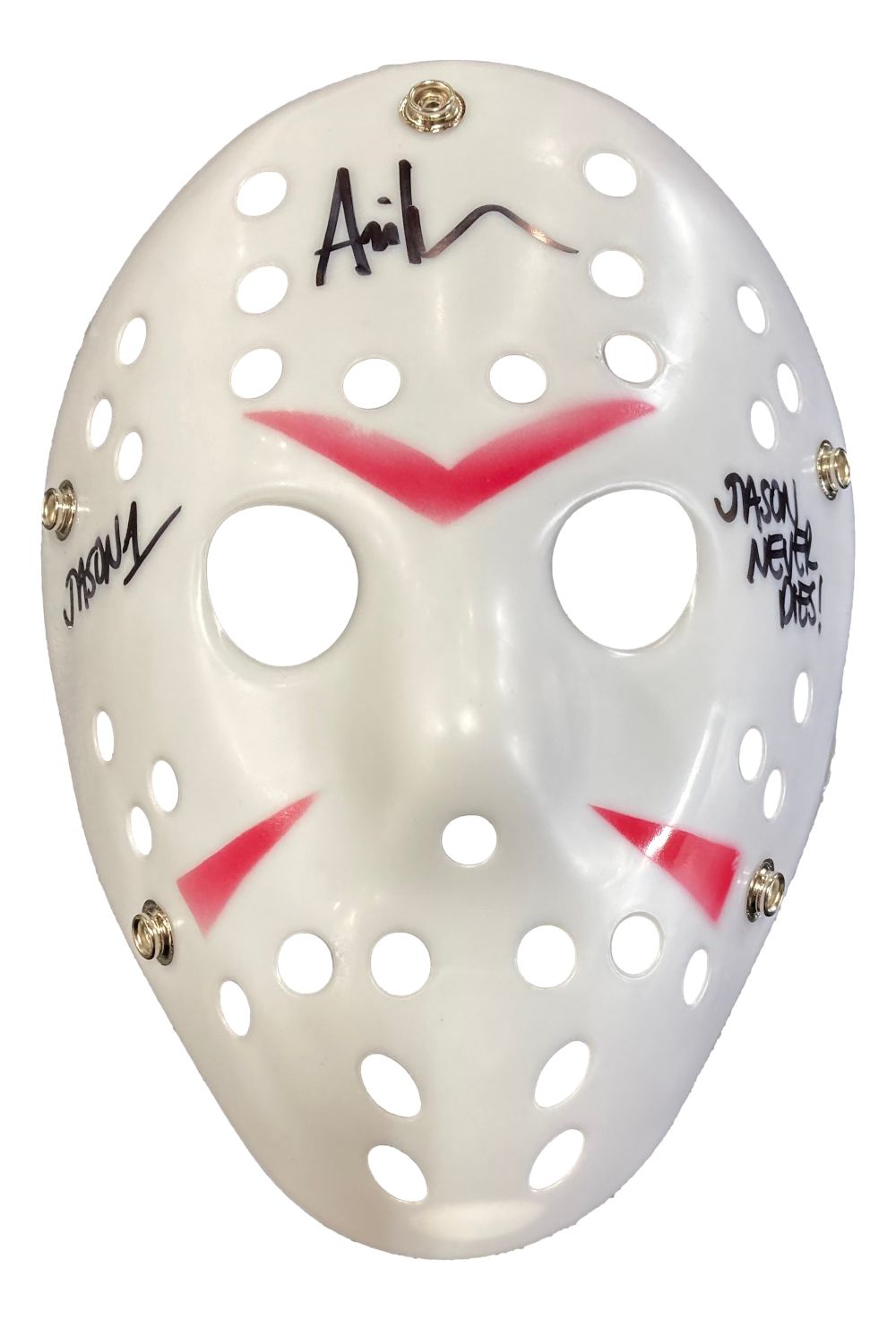 The Ari Lehman Signed Jason Voorhees White Costume Mask by Sports Integrity features red markings, multiple ventilation holes, metal rivets, black signatures, and "JASON NEVER DIES!" written on it.