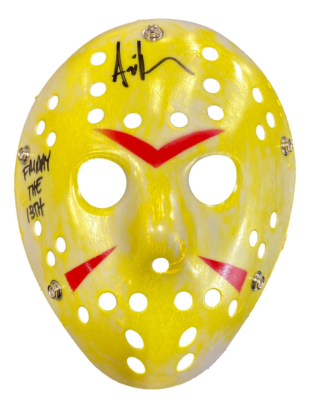 The Sports Integrity Ari Lehman Signed Jason Vorhees Yellow Costume Mask features red markings, black "Friday the 13th" text on the left, a black autograph at the top, ventilation holes, and metal rivets. JSA authenticated.