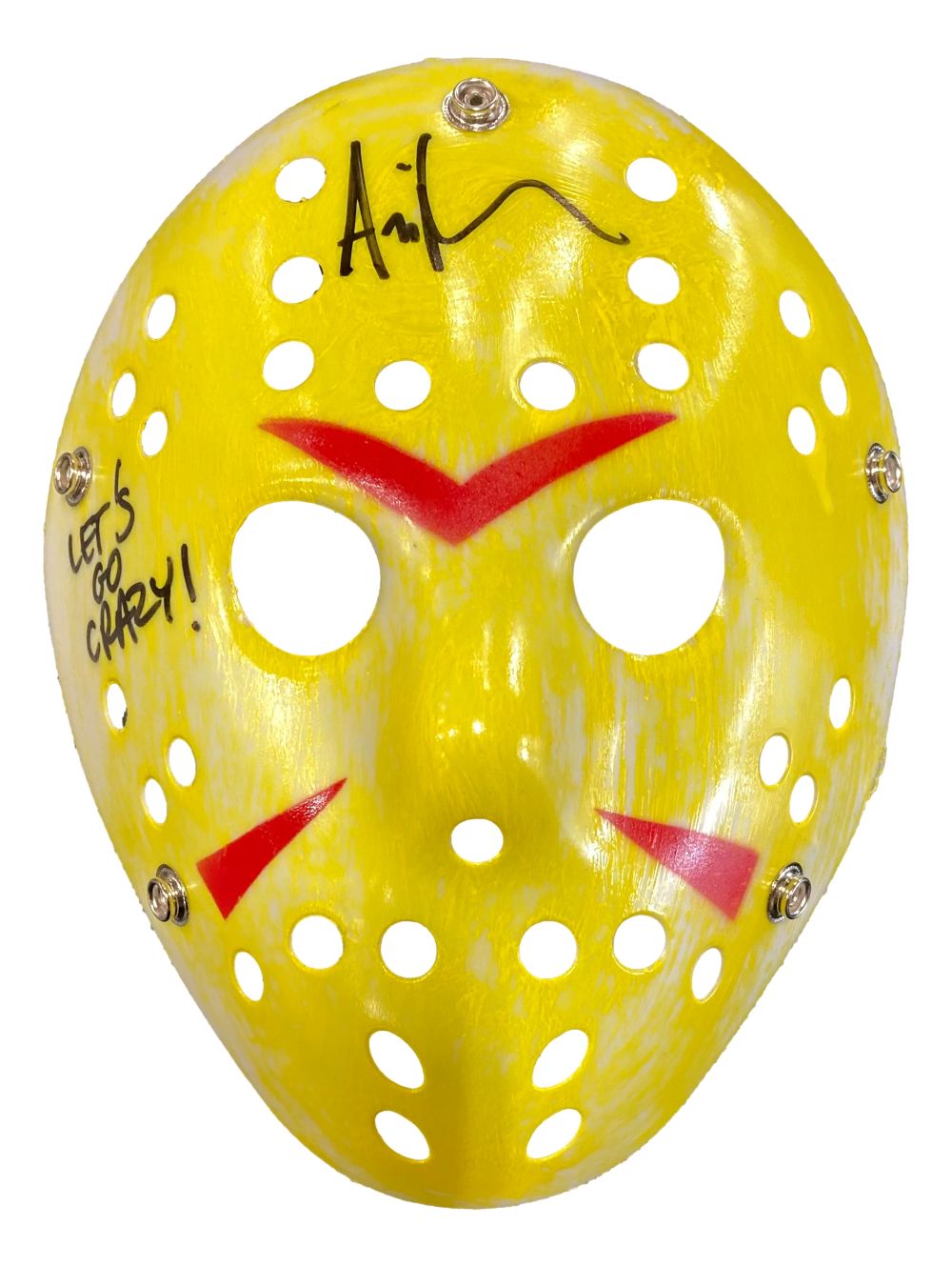 Ari Lehman Signed Jason Vorhees Yellow Costume Mask Lets Go Crazy Inscribed JSA