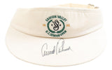 The Sports Integrity Arnold Palmer Signed 1992 PGA US Senior Open Visor features a white design with green logo, "Saucon Valley U.S. Senior Open 1992" embroidery, and Arnold Palmer's large autograph in black marker on the brim.