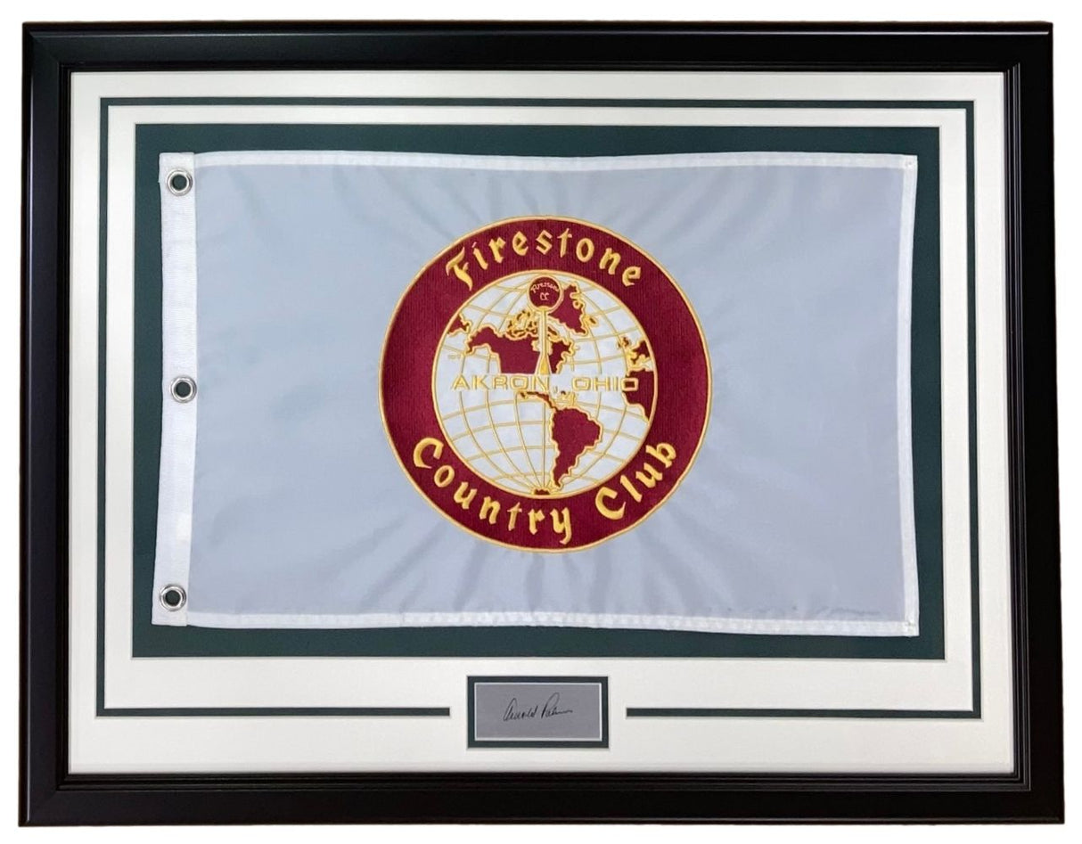 The Sports Integrity Arnold Palmer Framed Bridgestone Country Club Flag features a laser-engraved signature and is displayed with a plaque below.