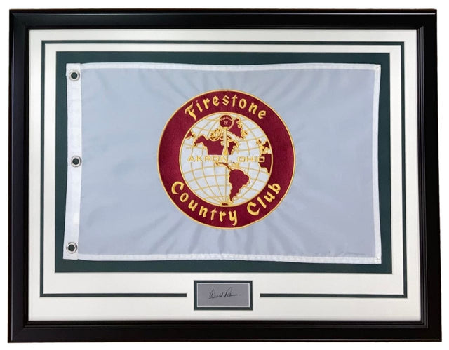 The Sports Integrity Arnold Palmer Framed Bridgestone Country Club Flag features a laser-engraved signature and is displayed with a plaque below.