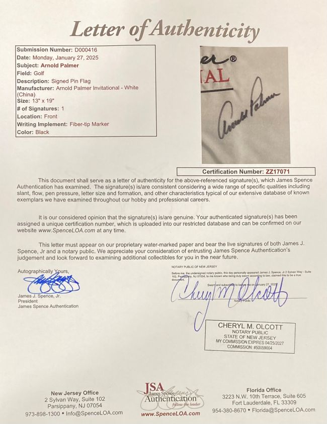Arnold Palmer Signed Arnold Palmer Invitational White Golf Flag JSA LOA