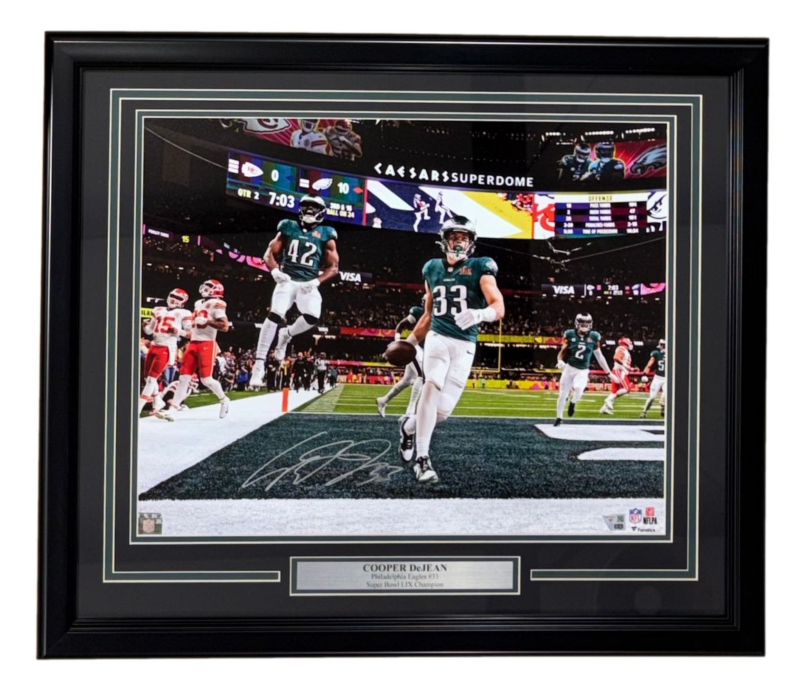 AS-IS Cooper DeJean Signed Framed 16x20 Eagles SB59 Pick Six Photo Fanatics