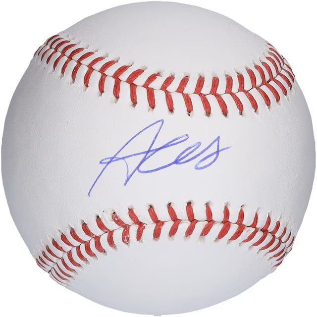 The Austin Wells New York Yankees Signed Official MLB Baseball by Sports Integrity features a blue autograph on a white ball with red stitching.