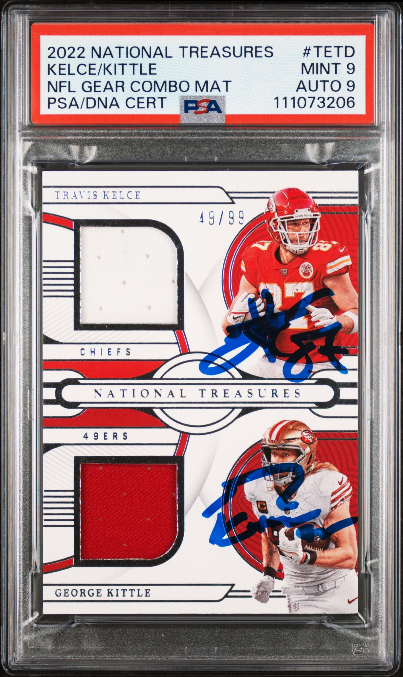Travis Kelce & George Kittle Signed 2022 NT GC Mat #TETD Card Grade 9 PSA Slab 2