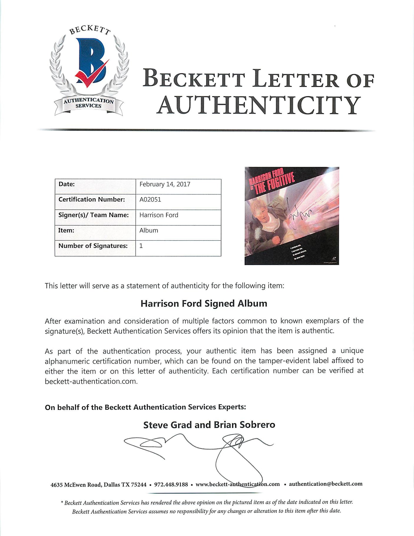 Harrison Ford Authentic Signed The Fugitive Laserdisc Cover w/ Disc BAS #A02051